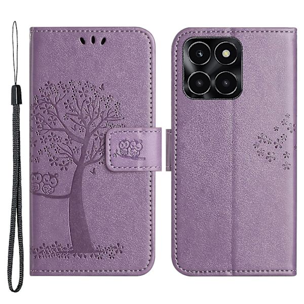 For Honor X6a 4g Owl Tree Imprinted Pu Læder Stand Wallet Case Fuld beskyttelse Telefon Cover Purple