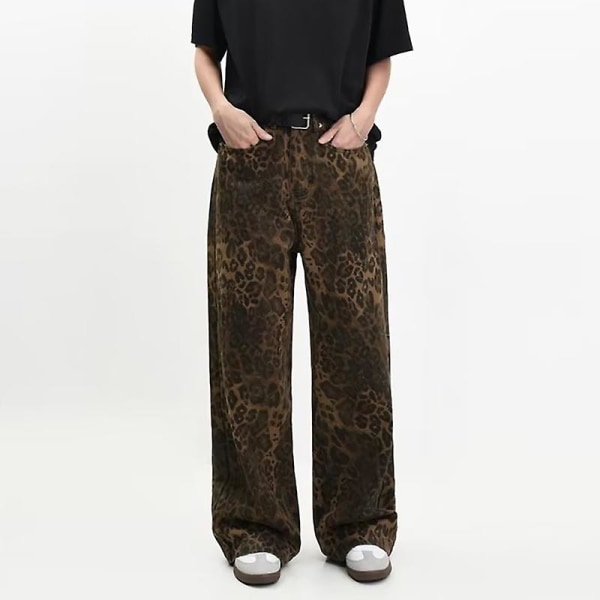 Tan Leopard Jeans Naisten Denim Pants Naisten leveät leveät housut Leopard Print S