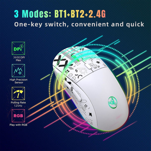 2,4 GHz:n langaton Bluetooth -hiiri Pelihiiri 3-tilan Rgb-taustavalo Langaton Optinen USB pelihiiri 3600dpi ladattava mykistyshiiri White