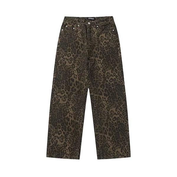 Tan Leopard Jeans Naisten Denim Pants Naisten leveät leveät housut Leopard Print L