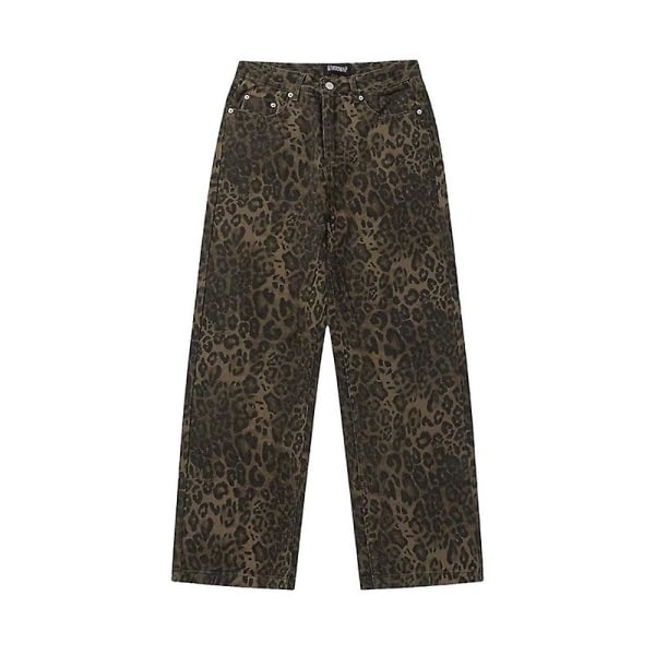 Tan Leopard Jeans Naisten Denim Pants Naisten leveät leveät housut Leopard Print S
