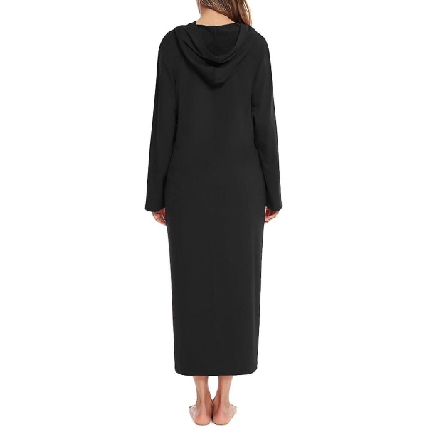 Lång morgonrock med huva, badrock med blixtlås, damm i hel längd, massiv ficka Housecoat Sovkläder Black M