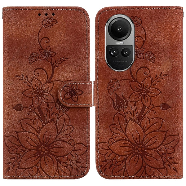 Case till Oppo Reno 10 5g Präglad Lily Flip Wallet Premium Pu- cover med korthållare Kompatibel med Oppo Reno 10 5g_ggod Brown