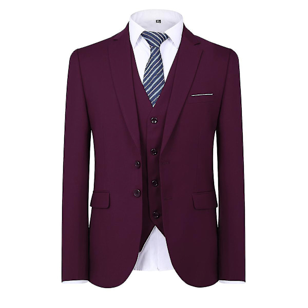 Herredragt til bryllupsfest Middag 3-delt Business Suit Blazer Vest Bukser 9 farver Dark Red 2XL