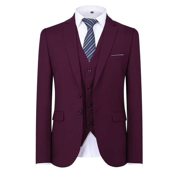 Herredragt til bryllupsfest Middag 3-delt Business Suit Blazer Vest Bukser 9 farver Dark Red S