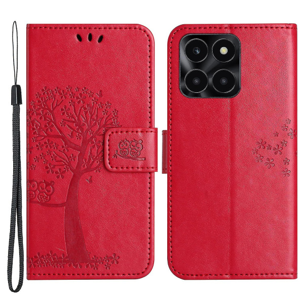 For Honor X6a 4g Owl Tree Imprinted Pu Læder Stand Wallet Case Fuld beskyttelse Telefon Cover Red