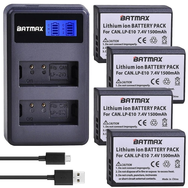 4x Lp-e10 Lp E10 Lpe10 kamerabatterier + lcd usb dobbeltoplader kompatibel Canon Eos 1100d 1200d 1300d Kiss X50 X70 X80 Rebel T3 T5 T6 4battery n charger
