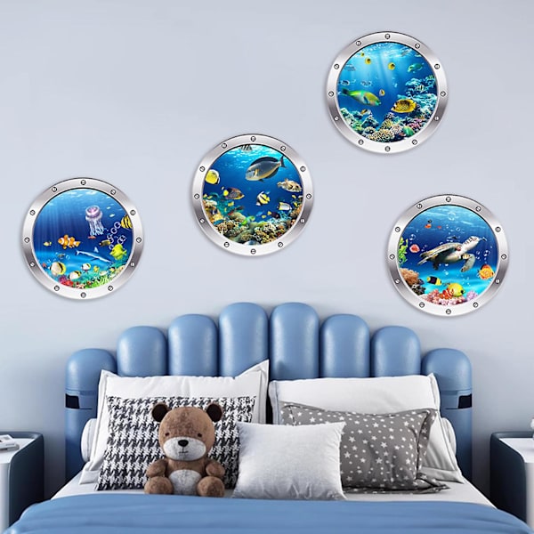 4 cps 3D-valokuvaus vedenalainen seinätarra Kylpyhuone Sea Life Animal Decal -vinyylijuliste, 100 % uusi A