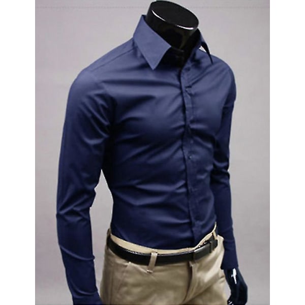 Lyxskjortor Herr Casual Collared Formella Slim Fit Shirts Toppar Navy blue XXL
