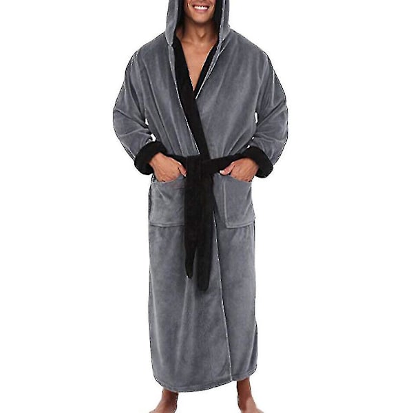 Herre vinter varm hættefrakke badekåbe håndklæde lang morgenkåbe Grey Black 4XL