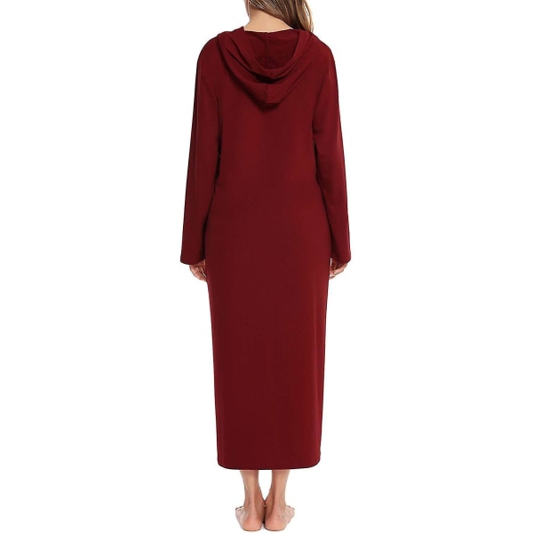 Dame lang kappe hætte badekåbe lynlås op duster fuld længde massiv lomme Housecoat nattøj Red M