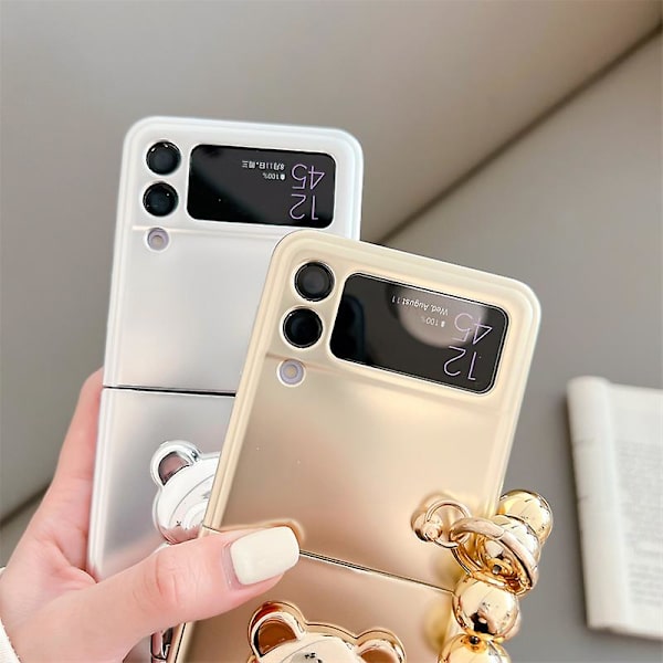Plating 3d Glitter Bear Stand Case Kompatibel Samsung Galaxy Z Flip 4 Z Flip 3 med armbånd metalcover Gold Z Flip 3