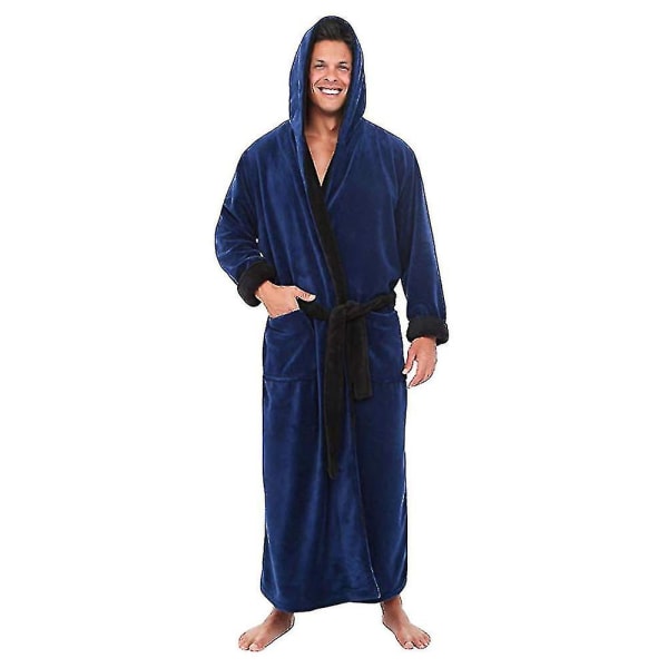 Miesten talvi lämmin hupullinen takki kylpytakki pyyhkeet pitkä aamutakki Dark Blue Black S