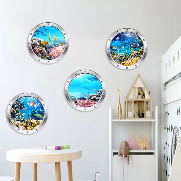 4 cps 3D-valokuvaus vedenalainen seinätarra Kylpyhuone Sea Life Animal Decal -vinyylijuliste, 100 % uusi C
