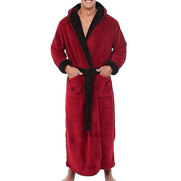 Herre vinter varm hættefrakke badekåbe håndklæde lang morgenkåbe Red Black 4XL