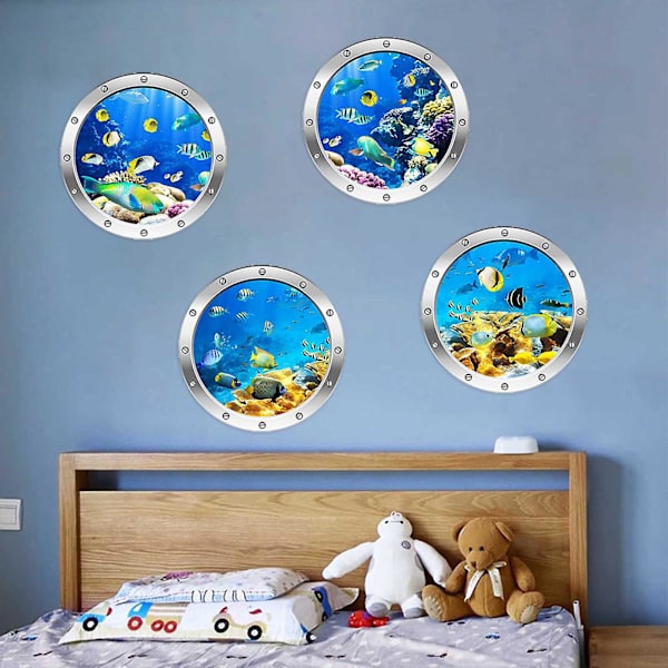 4 cps 3D-valokuvaus vedenalainen seinätarra Kylpyhuone Sea Life Animal Decal -vinyylijuliste, 100 % uusi D