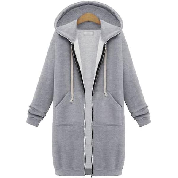 Damer Casual Zip Up Fleece Huvtröjor Tunika Sweatshirt Lång jacka C Grey 2XL