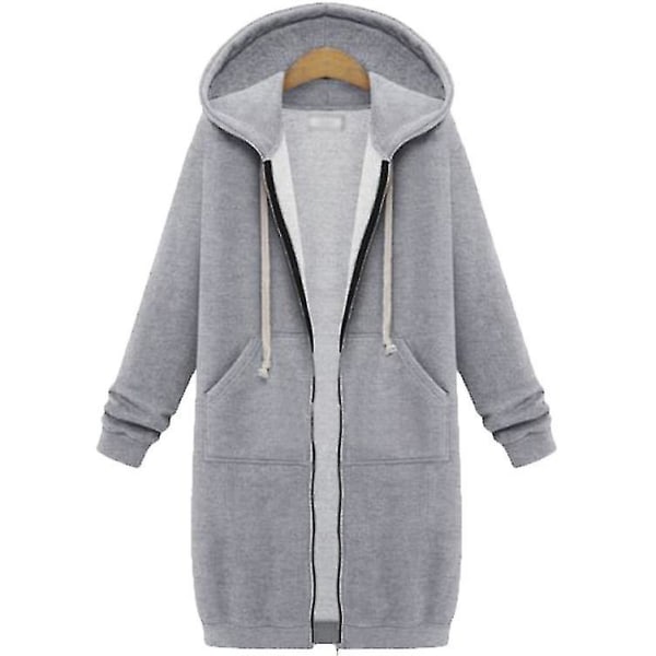 Kvinder Casual Zip Up Fleece Hættetrøjer Tunika Sweatshirt Lang jakke C Grey M