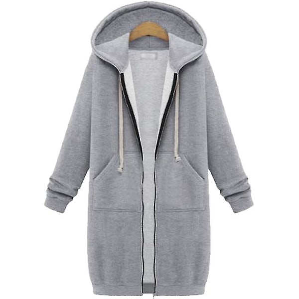 Kvinder Casual Zip Up Fleece Hættetrøjer Tunika Sweatshirt Lang jakke C Grey XL