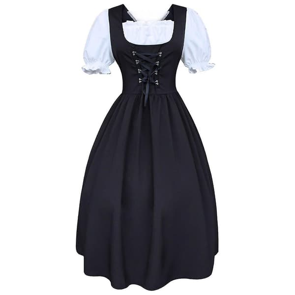 S-5xl Dam Midi Dirndl Klänning Med Förkläde Och Blus Svart Vit Julklapp M