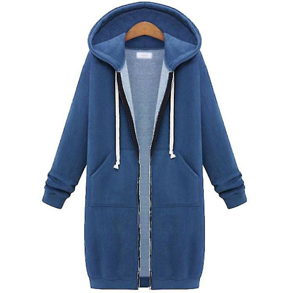 Kvinder Casual Zip Up Fleece Hættetrøjer Tunika Sweatshirt Lang jakke C Blue L