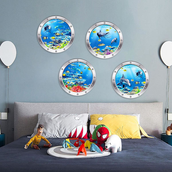 4 cps 3D-valokuvaus vedenalainen seinätarra Kylpyhuone Sea Life Animal Decal -vinyylijuliste, 100 % uusi B