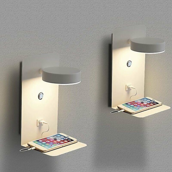 2 LED-sisäseinävalaisimen set USB portilla 12 W:n kolmivärinen himmennettävä moderni seinävalaisin kytkimellä Seinälukuvalo Yövalaisin 330 Kääntyvä, Whit