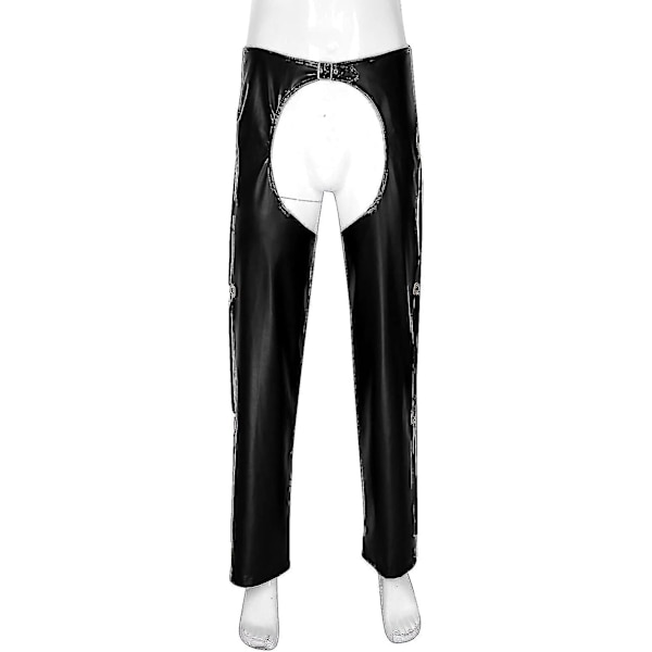 Herrunderkläder öppna grenbyxor West Cowboy kostym Faux läder grenlösa chaps med fransade detaljer Spännda lösa långa byxor Tw M