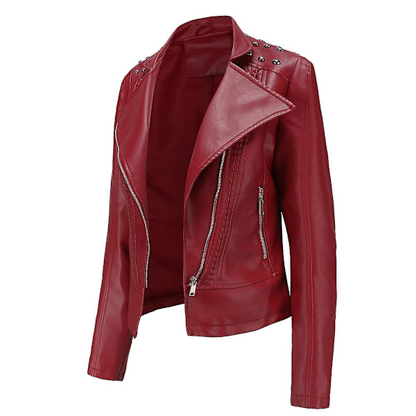 Allthemen Dam Enfärgad Lapel Stud Trim Classic-Fit Läderjacka Red M