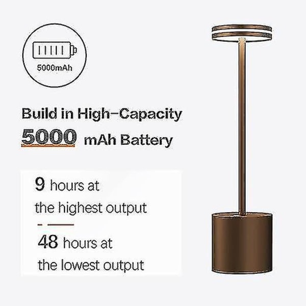 2-pak genopladelig ledningsfri led-bordlampe, 5000 mah batteridrevne bordlamper, 3 farvetilstande, dæmpbar, usb-bordlampe til hjemmet, spisestue, indendørs, O Brown