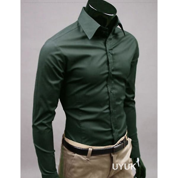 Lyxskjortor Herr Casual Collared Formella Slim Fit Shirts Toppar Dark green M