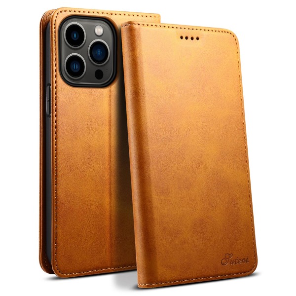 SUTENI för iPhone 15 Pro Phone case Calf Texture Plånboksställ Khaki