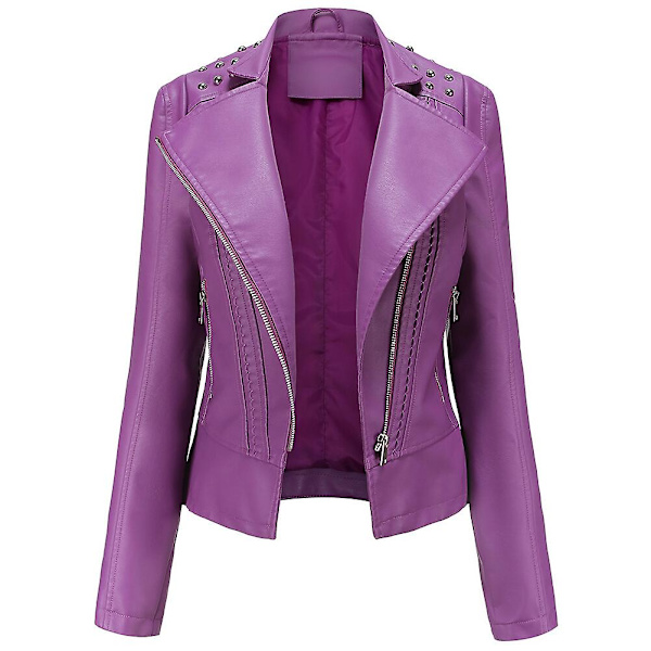 Allthemen Dam Enfärgad Lapel Stud Trim Classic-Fit Läderjacka Purple 2XL
