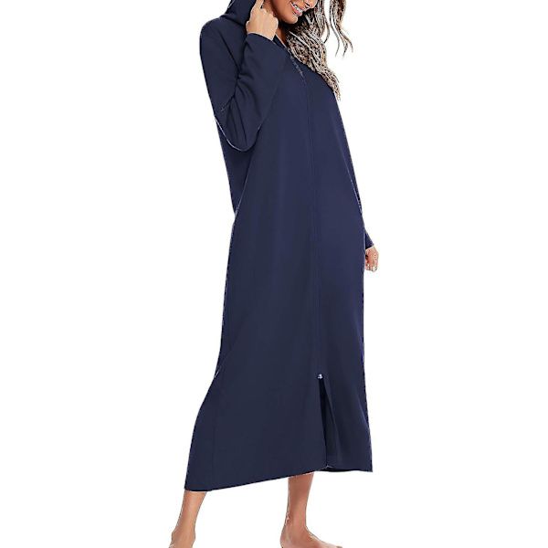 Lång morgonrock med huva, badrock med blixtlås, damm i hel längd, massiv ficka Housecoat Sovkläder Navy blue L