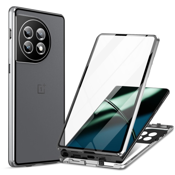 Magsafe case i metall kompatibelt med OnePlus 12, dubbelsidigt, allomfattande, stötsäkert cover av glas med kameralinsskydd Silver For OnePlus 12