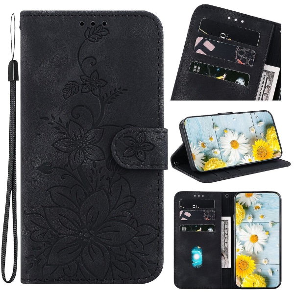 Case till Oppo Reno 10 5g Präglad Lily Flip Wallet Premium Pu- cover med korthållare Kompatibel med Oppo Reno 10 5g_ggod Black