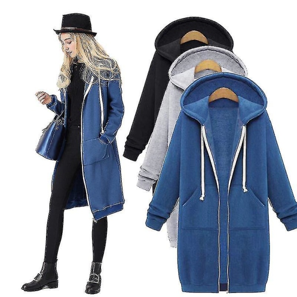 Kvinder Casual Zip Up Fleece Hættetrøjer Tunika Sweatshirt Lang jakke C Grey S