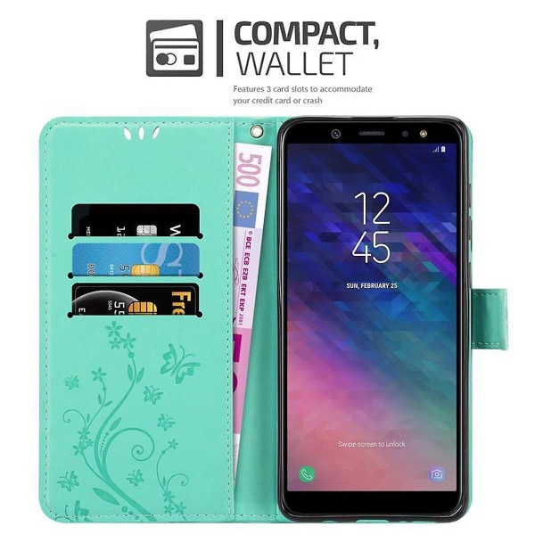 Samsung Galaxy A6 2018 Handy Hülle Cover Case Etui - med Blumenmuster och Standfunktion och Kartenfach FLORAL TURQUOISE Galaxy A6 2018