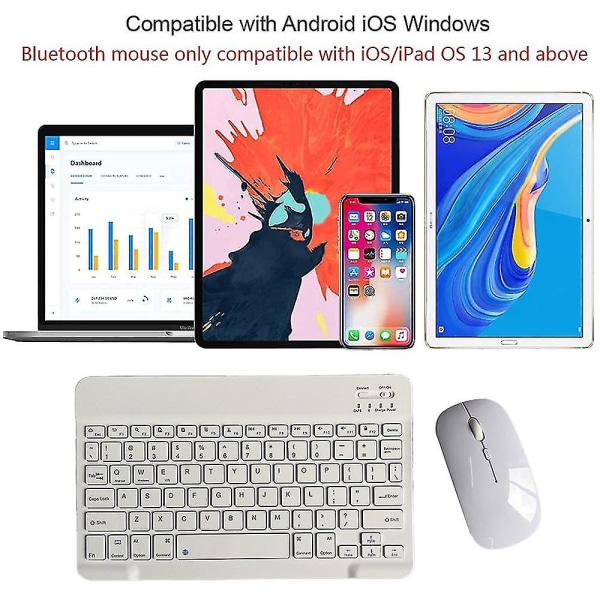 Ladattava Bluetooth näppäimistö ja hiiri -yhdistelmä Ultraohut kannettava kompakti langaton set Android Windows -tablettipuhelimelle Ipad Iosille White