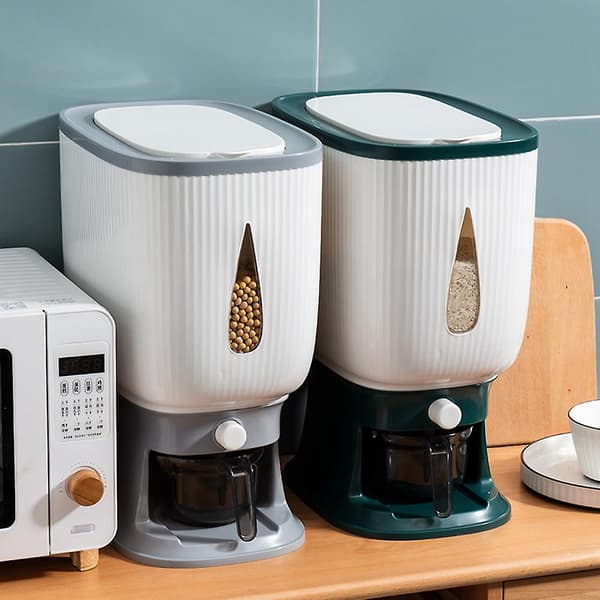 10 kg automatisk risdispenser med skyllekop Smart risdispenser Risbøtte Husholdningsris Gray  White