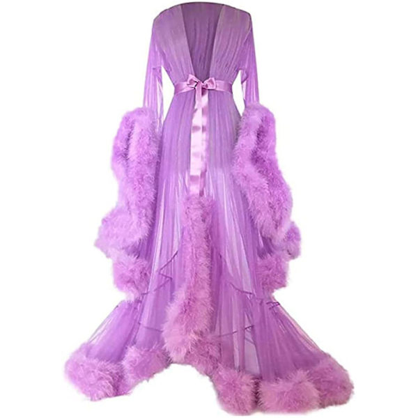 Släpande långklänning för kvinnor med fjäderutsvängda ärmar, perfekt för möhippa Lavender S