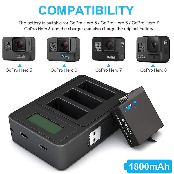 1800 mah batterier Kompatibelt Gopro batteri, USB Exakt laddning Display Laddare Kompatibel Gopro Hero 8/7/6/5 Black Camera Gopro Tillbehör 1charger