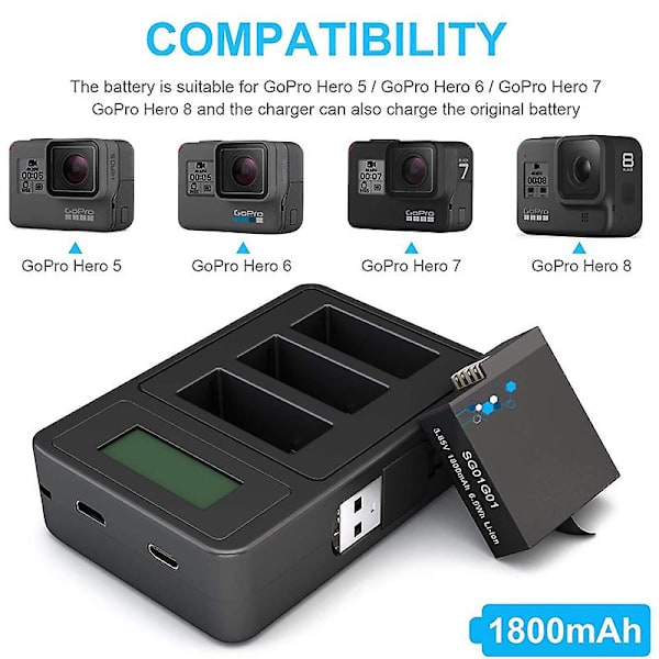 1800 mah batterier Kompatibelt Gopro batteri, USB Exakt laddning Display Laddare Kompatibel Gopro Hero 8/7/6/5 Black Camera Gopro Tillbehör 4batteries