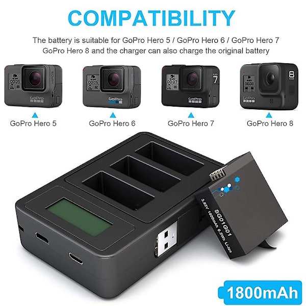 1800 mah batterier kompatibelt Gopro batteri, usb nøjagtig opladning display oplader kompatibel Gopro Hero 8/7/6/5 sort kamera Gopro tilbehør 3batteries
