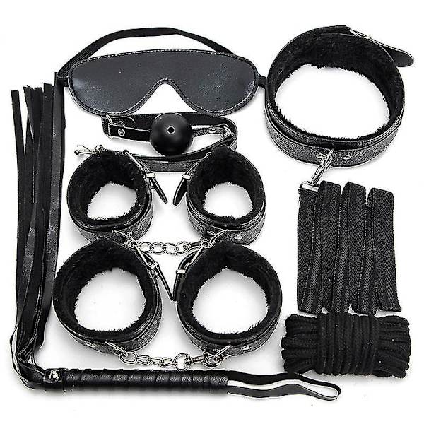 7kpl/ set Nahkainen Bodaged Kit Adlt Explay Hndcffs/whps/ball Gg/rope/collr Bdm Black