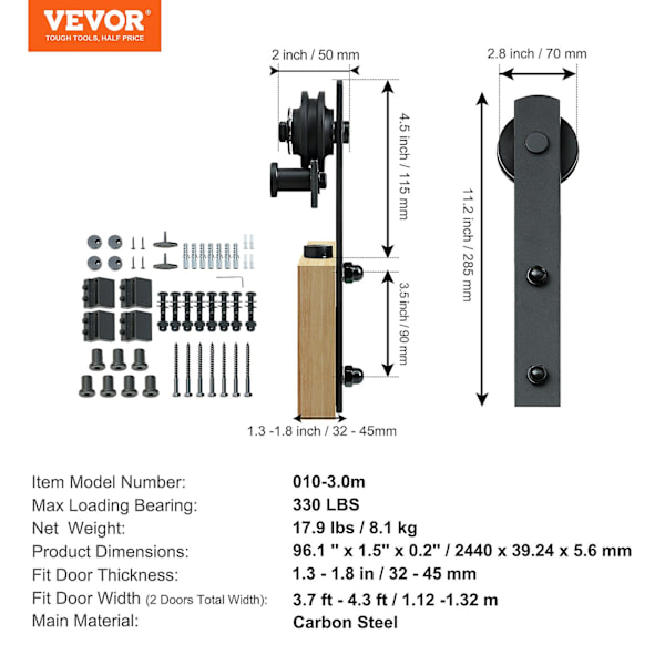 8FT Sliding Lading Door Hardware Kit, 330LBS, för dubbeldörrar, med mjuk och tyst remskiva (I Shape)