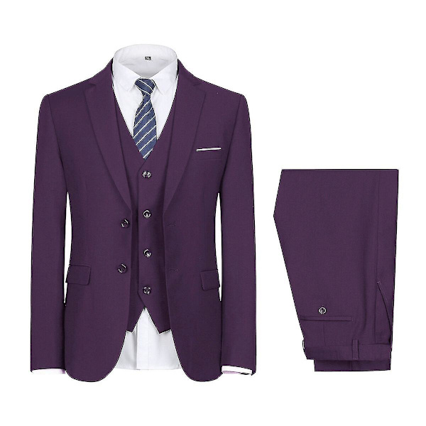 Herredragt til bryllupsfest Middag 3-delt Business Suit Blazer Vest Bukser 9 farver Purple L