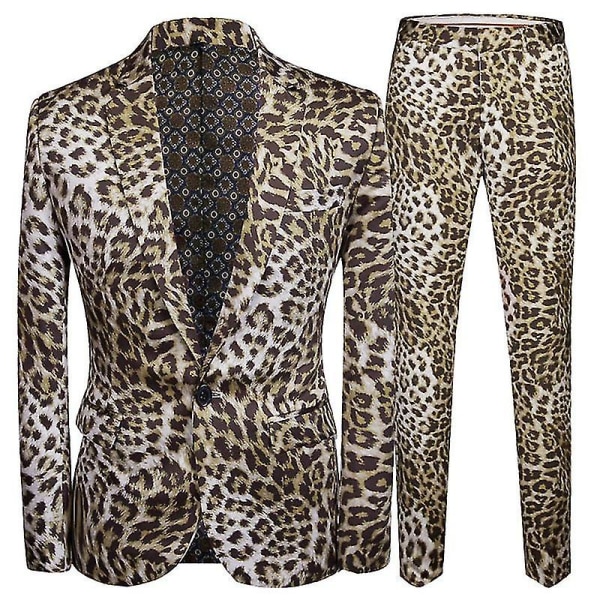 Fxiaoxian mænds 2 stk leopardprint jakkesæt med én knap med blazer og bukser M