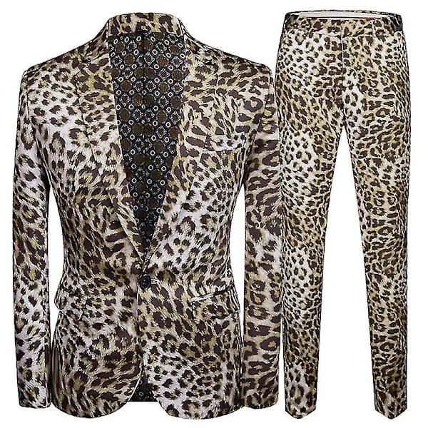 Fxiaoxian mænds 2 stk leopardprint jakkesæt med én knap med blazer og bukser M