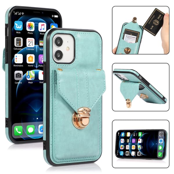 iPhone 15 Plus, kortholder etui, crossbody PU etui (blå)